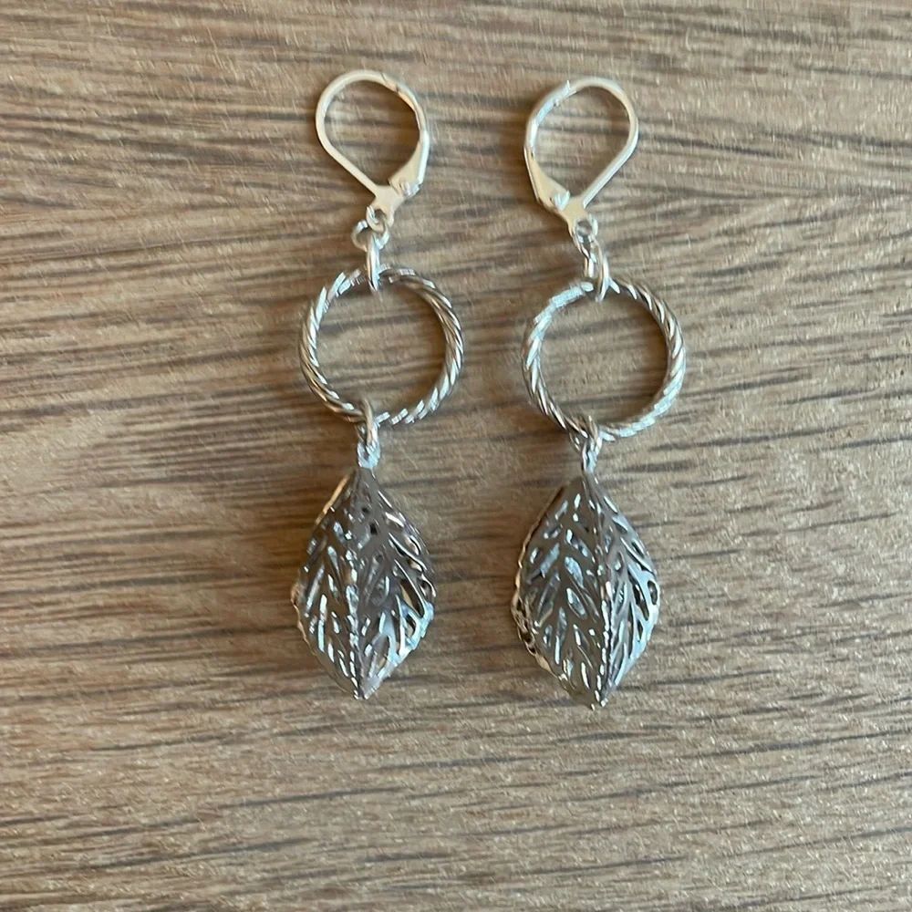 HAND CRAFTED EARRINGS Silver Dangling Leaves Hoop Earrings